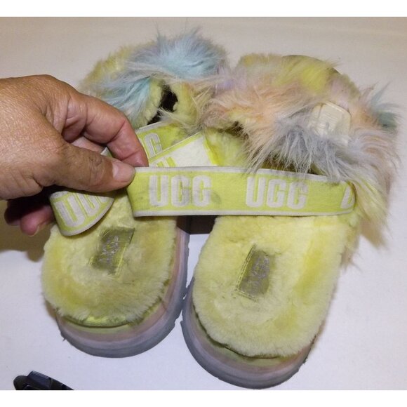 Size 7 UGG Women's Disco Slide Tie Dye Slippers Pastel Fluffy Blue Pink Yellow - Picture 5 of 11